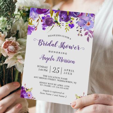 Ultra Violet Purple Floral Romantic Bridal Shower Invitations