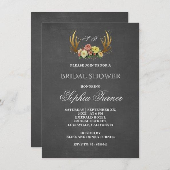 Unique Antlers Floral Chalkboard Bridal Shower Invitations