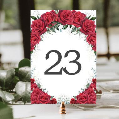 Vibrant Red Roses Silver Quinceanera Birthday Table Number