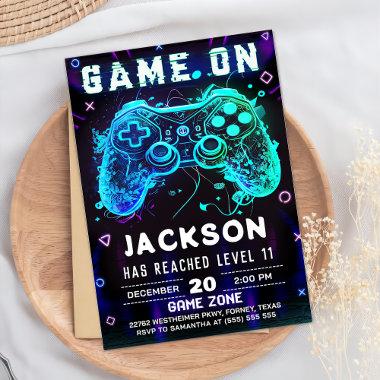 Video Game Birthday Party Neon Game On Invitations