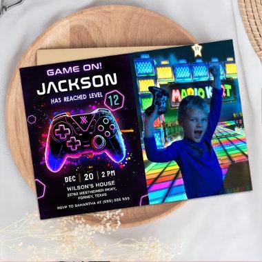 Video Game Neon Kids Birthday Photo Invitations