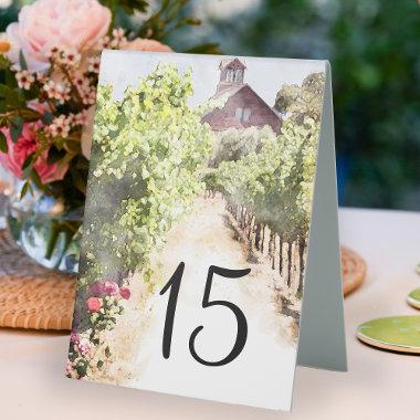 Vineyard and Red Barn Watercolor Wedding Table Tent Sign