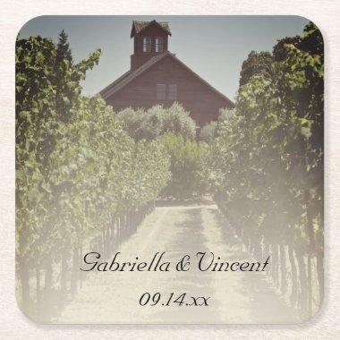 Vineyard and Rustic Red Barn Wedding Square Paper Coaster