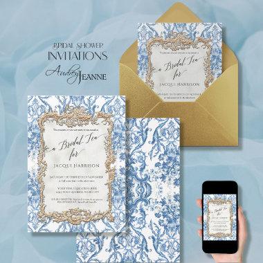 Vintage Baroque Rococo Floral Blue White Bridal Invitations