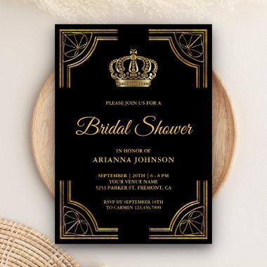 Vintage Black Gold Ornate Crown Bridal Shower Invitations
