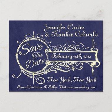 Vintage Blue Chalkboard Save The Date Announcement PostInvitations