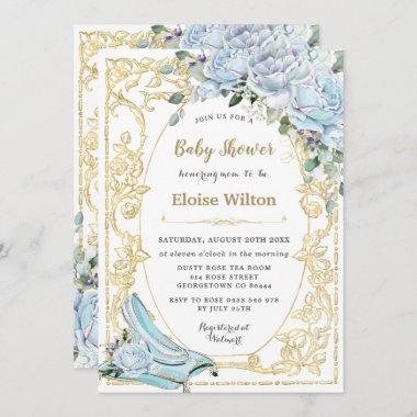 Vintage Blue Roses Gold Princess Baby Shower Invitations