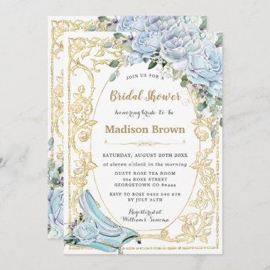 Vintage Blue Roses Gold Princess Bridal Shower Invitations