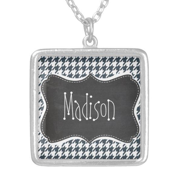 Vintage Chalkboard look Charcoal Color Houndstooth Silver Plated Necklace