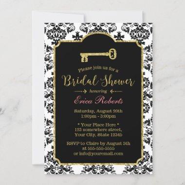 Vintage Damask Gold Skeleton Key Bridal Shower Invitations