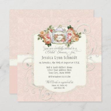 Vintage Elegant Blush Rose Floral Bridal Shower Invitations