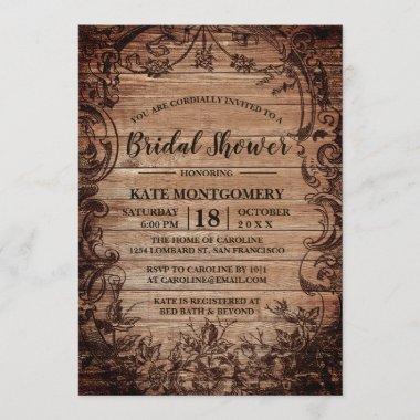 Vintage Engraved Wood Rustic Bridal Shower Invitations