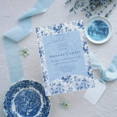 Vintage French Floral Toile Blue Bridal Shower Invitations