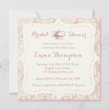 Vintage French Pink+Cream Damask Bridal Tea Party Invitations