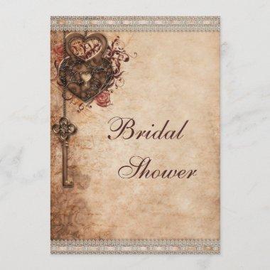 Vintage Hearts Lock and Key Bridal Shower Invitations