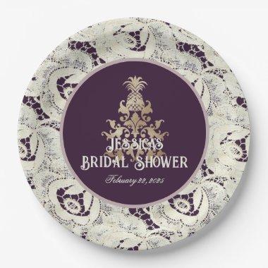 Vintage Lace and Aubergine Bridal Shower Paper Plates