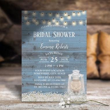 Vintage Lantern Dusty Blue Barn Wood Bridal Shower Invitations