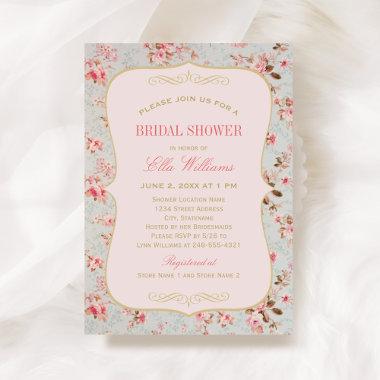 Vintage Pink Floral Garden Party Bridal Shower Invitations