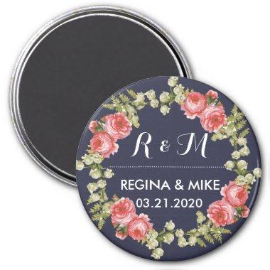 Vintage Pink Rose Flower Wreath Monogram Wedding Magnet