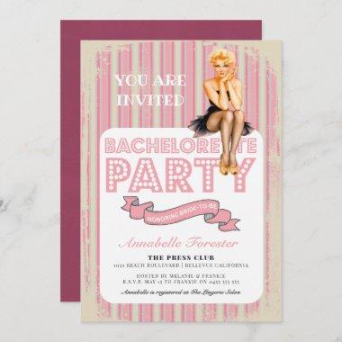 Vintage Pink Stripe Retro Pin Up Girl Bachelorette Invitations