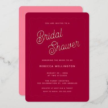 Vintage Retro Pink Magenta Wave Bridal Shower Gold Foil Invitations