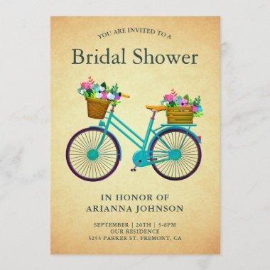 Vintage Retro Teal Floral Bicycle Bridal Shower Invitations