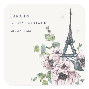 Vintage Rustic Eiffel Tower Floral Bridal Shower Square Sticker