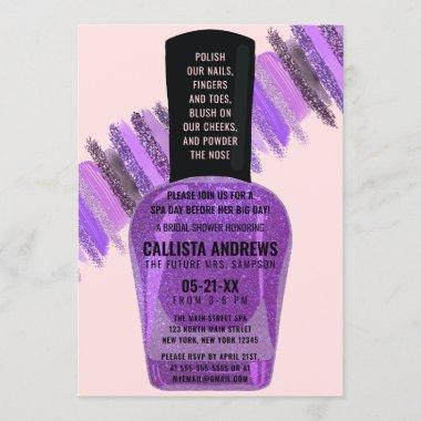 Violet Pink Glitter Nail Polish Spa Bridal Shower Invitations