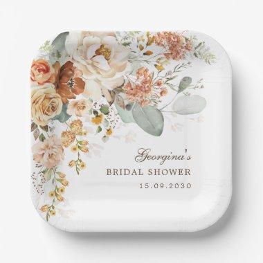 Warm Bohemian Burnt Orange Flower Bridal Shower Paper Plates