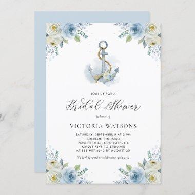 Watercolor Anchor and Blue Flowers Bridal Shower Invitations