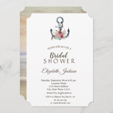 Watercolor Anchor Flowers Nautical Bridal Shower Invitations