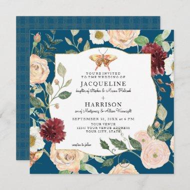 Watercolor AutumnBlue n Rose Floral Butterfly Invitations