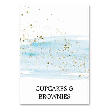 Watercolor Blue and Gold Sparkle Food Tent Invitations