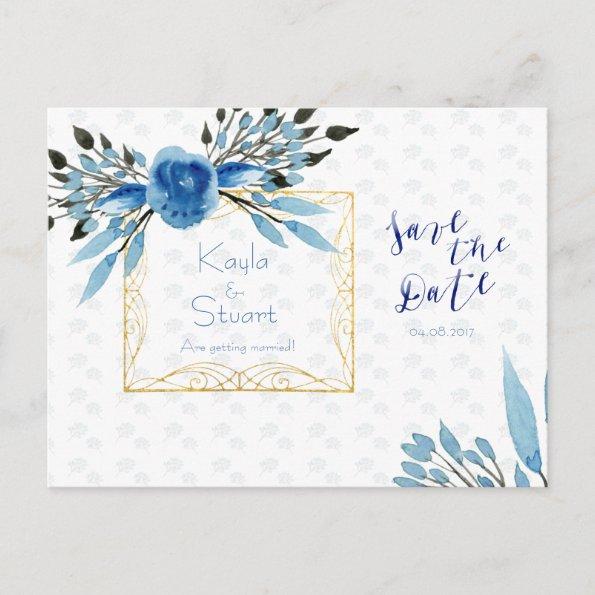 Watercolor Blue Flowers Save The Date Wedding Announcement PostInvitations