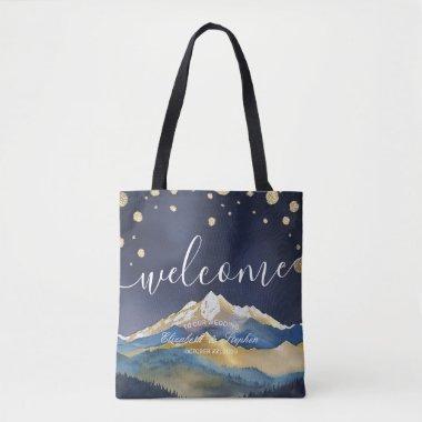 Watercolor Blue Gold Foil Mountain Wedding Welcome Tote Bag