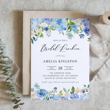 Watercolor Blue Hydrangea Floral Bridal Luncheon Invitations