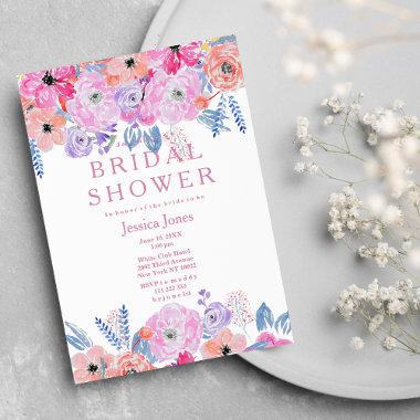Watercolor blue pink rustic floral Bridal Shower Invitations