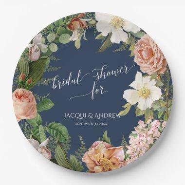 Watercolor Botanical Floral Navy Peony Rose Wreath Paper Plates