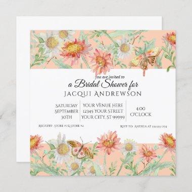 Watercolor Coral Peach Ivory Floral Bridal Shower Invitations