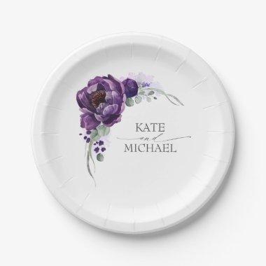 Watercolor Deep Dark Purple Flowers Wedding Paper Plates