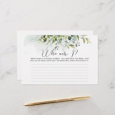Watercolor eucalyptus Who am I bridal shower game Stationery