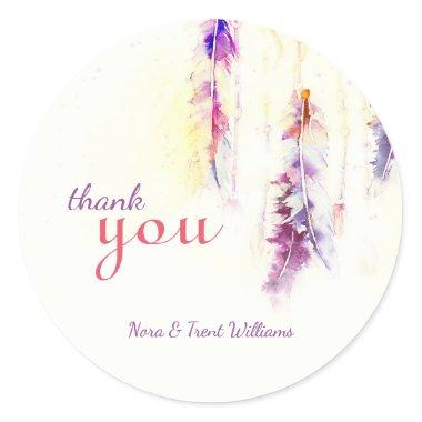 Watercolor Feathers Wedding Thank You Classic Round Sticker