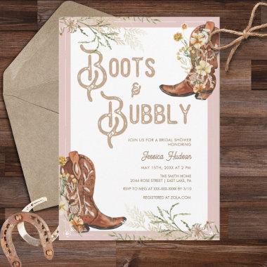 Watercolor Floral Boots & Bubbly Bridal Shower Invitations