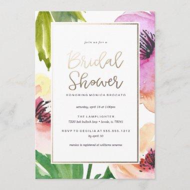 WATERCOLOR FLORAL bridal shower Invitations GOLD