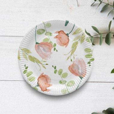 Watercolor Floral Coral Green Bridal Shower Paper Plates