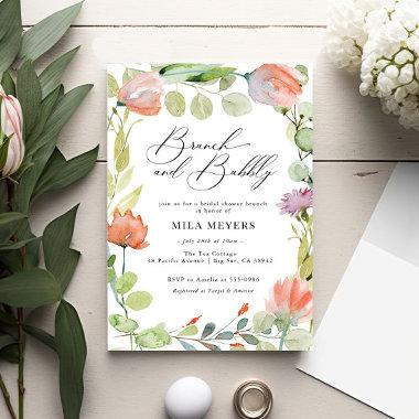 Watercolor Floral Coral Green Brunch Bubbly Shower Invitations