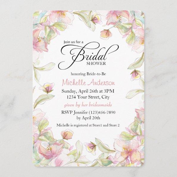 Watercolor Floral Frame Pastel Bridal Shower Invitations