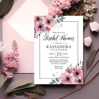 Watercolor Floral Pink Anemone Bridal Shower Invitations