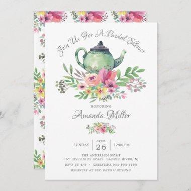 Watercolor Floral Teapot Bridal Shower Invitations