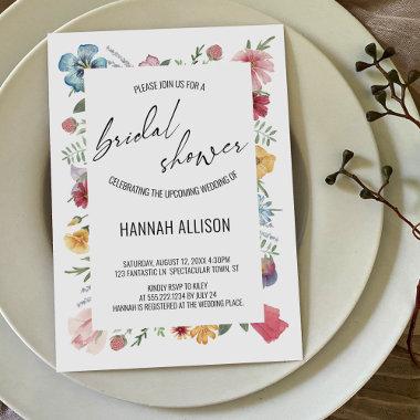 Watercolor Flowers Elegant Script Bridal Shower Invitations